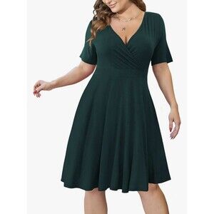 NWT Ahlaray Short Sleeve Faux Wrap Front Dress 3XL Dark Green Knee Length